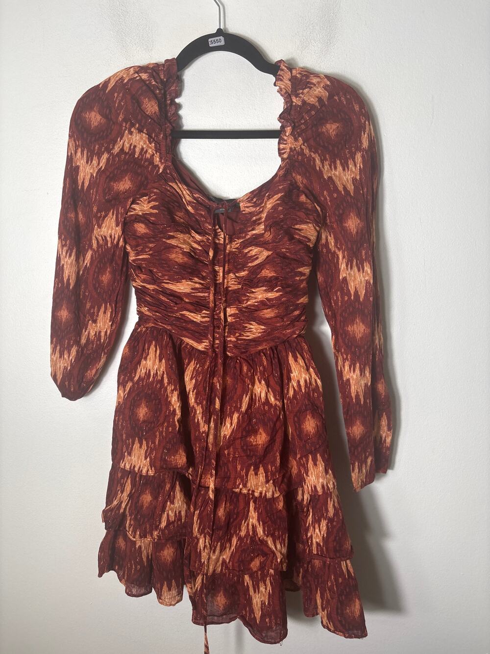 House of Harlow Burgandy Ikat Copper Thread Ruffled Dress Sz XS